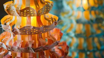An intricately designed paper lantern crafted from layers of repurposed tissue paper and cardboard tubes photo