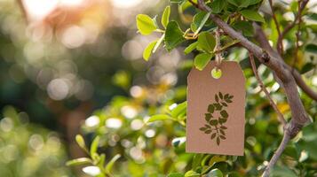 A tag with a compostable symbol informing consumers that the packaging can be safely composted after use photo