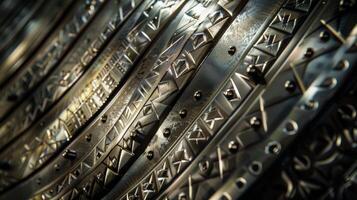 A closeup of a shiny silver rotor blade with intricate geometric designs etched into its surface photo