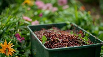 A vermiculture bin situated in a lush garden with a steady stream of worms crawling in and out photo