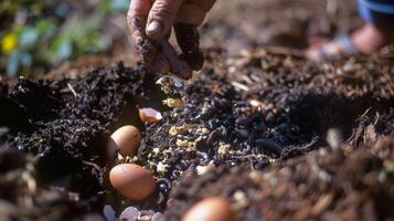 A womans hand gently sprinkling a layer of eggshells onto a batch of composting worms photo