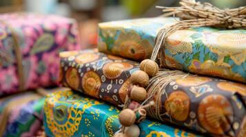 A stack of gifts wrapped in a mix of recycled tissue paper tied with raffia and accented with wooden beads photo