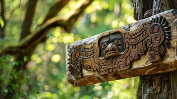 A wooden sign adorned with handcarved symbols and imagery representing the festivals dedication to preserving nature photo