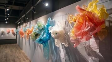 A display of artistic sculptures made from reused plastic bags reminding attendees of the impact of singleuse plastics on the environment photo