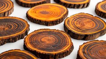 A set of coasters made from slices of a fallen tree displaying unique wood grain patterns photo