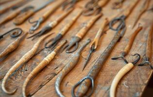 A set of fishing hooks made from sustainable bamboo laid out on a rustic wooden table photo
