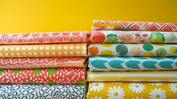 A stack of produce wraps in various patterns including honeycombs stripes and geometric designs photo