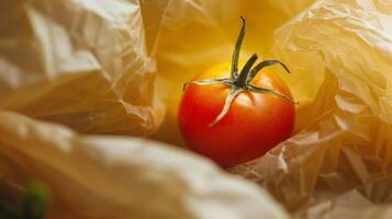 A closeup of a cherry tomato peeking out from a tightly wrapped beeswax produce wrap ideal for transporting small produce photo