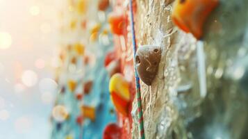 Outoffocus view of a towering rock climbing wall daring adventurers to conquer its heights photo