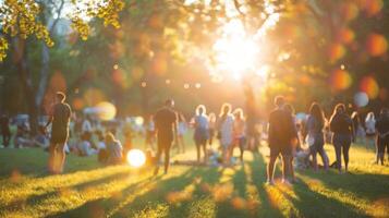 A dreamy defocused image of a park gathering capturing the happy energy of families and friends gathered together photo