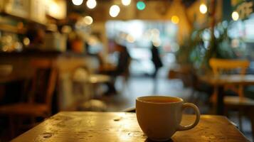 Defocused The clinking of mugs and chatter of customers creates a symphony of sound in the defocused coffee shop photo
