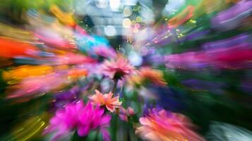 Blurred vision of a flower show with hints of pink purple and green peeking through photo