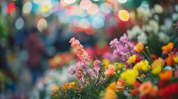 Defocused shot of a crowded flower show with a rainbow of blurry flowers entwined in the background photo