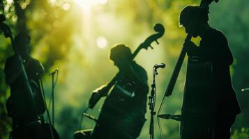 Hazy silhouettes of musicians and their instruments in a green spac photo