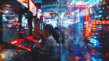 Distorted image of players indulging in digital adventures in an arcade spac photo