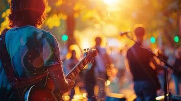 Faded image of a band playing to a crowd in a vibrant par photo
