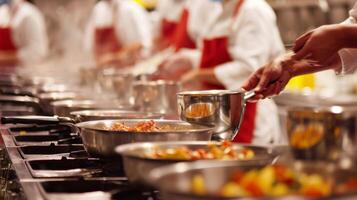 A soft focus on a line of apronclad participants following the instructors lead in seasoning their dishes photo