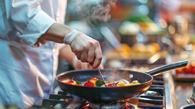 Soft focus on the instructor carefully demonstrating how to properly handle and cook with various cooking tools photo