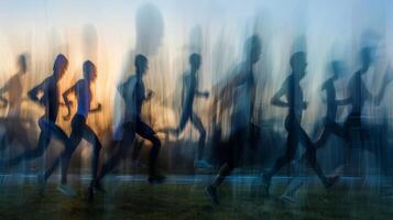 The fuzzy outlines of runners working on their flexibility and strength before setting off on a jog photo