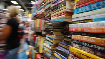 Blurry stacks of books piled high as attendees eagerly peruse the fair photo