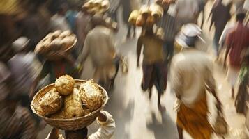 Indistinct view of workers carrying baskets of g photo