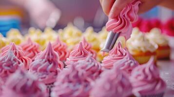 Blurry shapes of colorful frosting being piped onto cakes photo