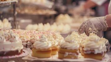 Smears of icing and blurred images of people working on their cakes photo