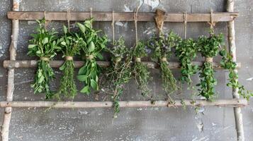A wooden ladderstyle herb drying rack with bundles of thyme oregano and bay leaves suspended from each rung photo