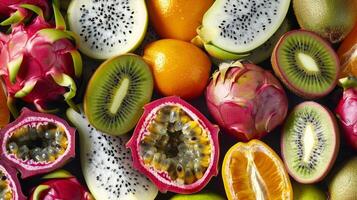 An array of exotic organic fruits such as dragonfruit kiwi and passion fruit creating a feast for the eyes photo