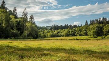 A scenic landscape with a composting visible in the distance blending in with the natural environment photo