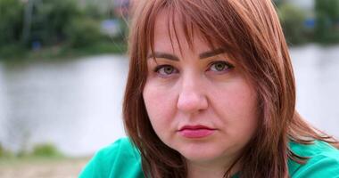Attractive scowling angry, Head shot scowl, was offended gloomy eyebrows, Sulky, Waist-up portrait of beautiful face in displeasure, affront tensed, having bad mood, getting mad, frowning forehead video
