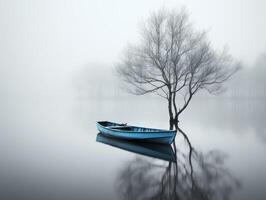 Minimalist image of boat on the lake in a mystical and cloudy environment photo