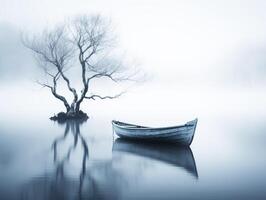Minimalist image of boat on the lake in a mystical and cloudy environment photo