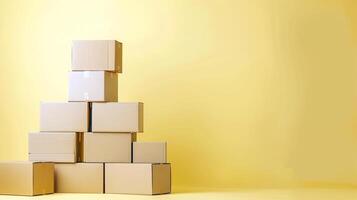 tower made of cardboard boxes with solid yellow background copy space for your logo or text, delivery service, small business photo
