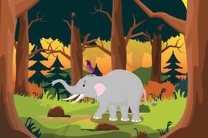 elephants and birds are walking in the middle of the forest vector