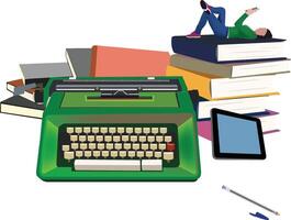Writer is relaxing on top of a stack of books while a typewriter, a tablet computer and a pen are laying on a desk vector