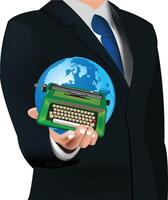 Businessman holding a globe with a typewriter on top, representing global communication vector