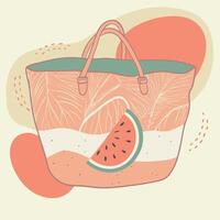 Handbag with a slice of watermelon on it, surrounded by red and orange circles in boho style, flat modern illustration vector