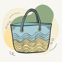 Stylized illustration of yellow and blue beach bag with waves print, boho style, green, abstract elements vector