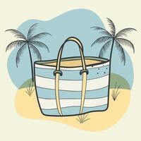 Handbag with a spotted pattern and a handle, sitting on a sandy beach with palm trees in the background. vector