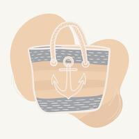 Single, large image of a beach tote bag with an anchor design on a pale blue and beige background. vector