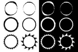 Set of Circle frames with grunge splatter effect, stencil graffiti borders with rough ink brush strokes vector
