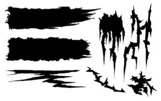 Set of paint splatter brush stroke, grunge laceration stripes, rough scratch splash texture vector