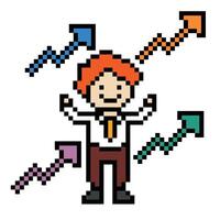 Cute pixel cartoon 8bit character business man businessman smart work life office game for decoration business 8 bit male career smart character game. vector