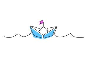One continuous line paper ship isolated on white background boat illustration. Paper boat outline art in one line. One line drawing origami craft concept illustration and minimalist. vector