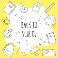 Back to school. Set of school elements, backpack, books, globe, notebook, pencil. Poster, banner, greeting card. Hand drawn doodle illustration with yellow colors. vector