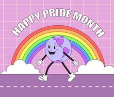LGBT Pride Month. Retro groovy earth character walking with a rainbow. illustration vector