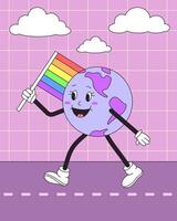 LGBT Pride Month. Retro groovy earth character walking with rainbow colors LGBTQ flag. illustration vector