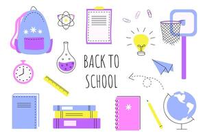 Back to school. Set of school elements, backpack, books, globe, notebook, pencil. Bright hand drawn doodle illustration. vector