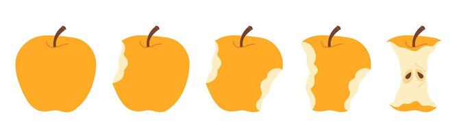 Apple eating steps cartoon icon set. Stages of biting yellow ripe apple from whole to half and core, bite progression cartoon set sequence animation of eaten fruit Trendy flat style illustration vector